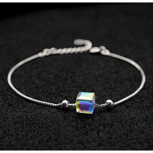 925 Sterling Silver Crystal Square Charm Bracelets & Bangles For Women Elegant Party Jewelry sl370