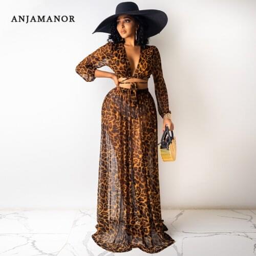 ANJAMANOR Leopard Print Chiffon Sexy 2 Piece Set Blouse and Maxi Skirts Matching Sets Beach Wear Vacation Outfits D41-EC38