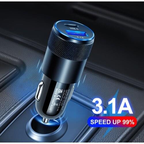 Mini USB C Car Charger Type C 3.1A 15W PD Charging Socket 2 USB Ports Dual Cigarette Adapter for Mobile Phone iPad