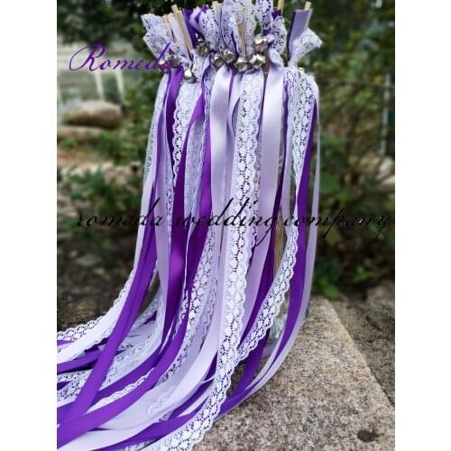 FREE SHIPPING--(50Pieces/Lot)Style D purple ribbon lace wedding wands with bell Wedding Ribbon Stick,ribbon Twirling Streamers