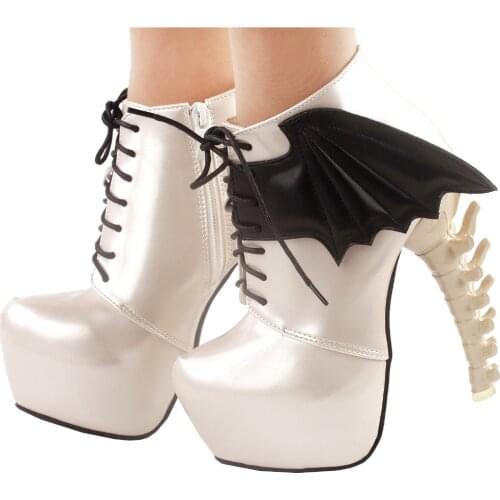 LF80658 Show Story Punk Two Tone Wings Lace Up Bone Heels Platform Ankle Boots