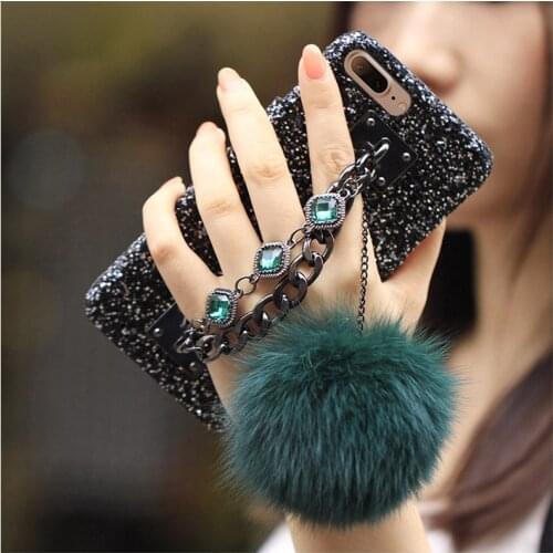 DIY Glitter Blingbling crystal Bracelet Chain Strap Fur Ball Phone Case For Samsung S20 Plus A51 A71 A81 A91 A10 A50 A70 A6Plus