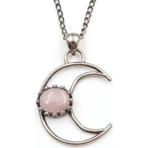 FYSL Silver Plated Crescent Moon with Rose Pink Quartz Bead Pendant Link Chain Necklace Labradorite Stone Jewelry