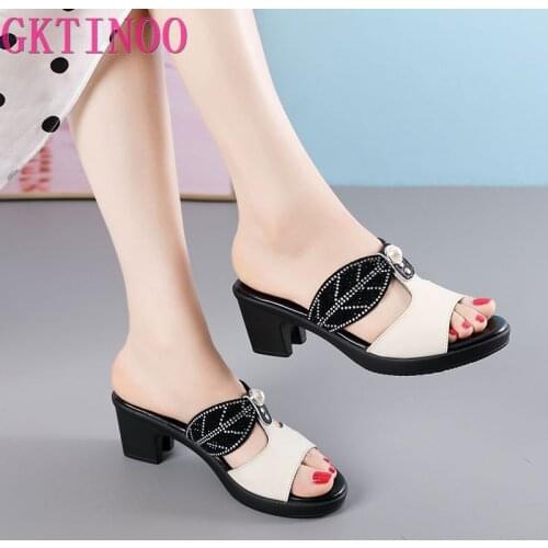 GKTINOO Women Slippers 2021 Ladies Summer Slippers Shoes Women High Heels Fashion Rhinestone Summer Shoes Genuine Leather