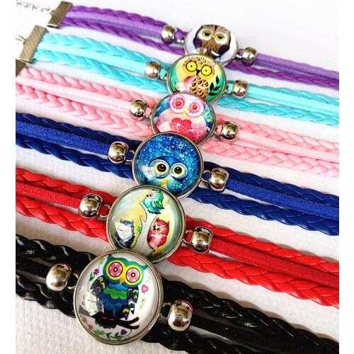 Jiangzimei 24pcs/lot Cartoon owl dog Unicorn, Flamingo, Shell, Butterfly, Mouse glass Cartoon Leather Bracelet Bangle for girls