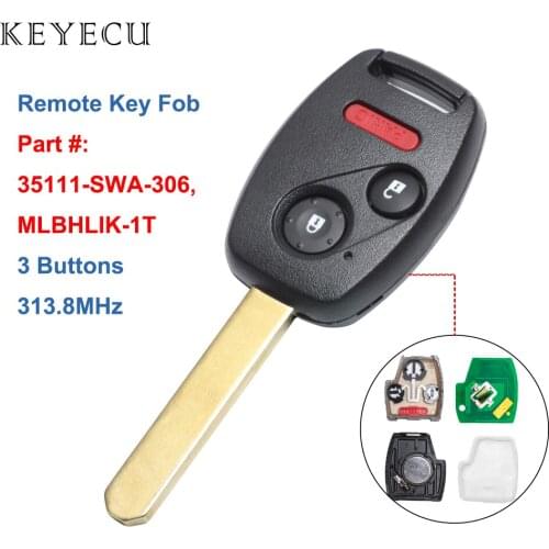 Keyecu for Honda Accord Crosstour / CR-V / CR-Z / Fit / Insight Replacement Car Remote Key Fob 3 Buttons 313.8MHz, MLBHLIK-1T