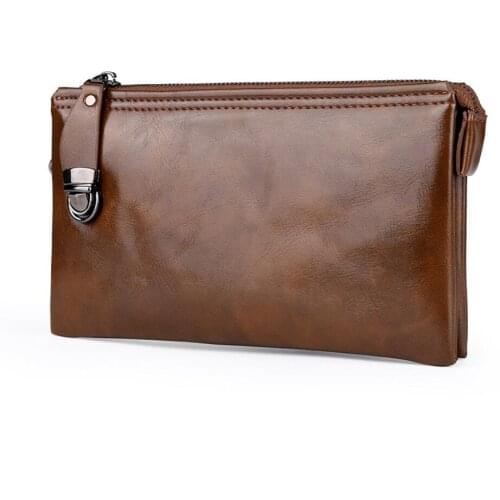 Mens Retro Wallet Solid Hand Bag Soft Quality PU Safety Lock Moneybag Leisure Mobile Purse Customization Business Gentleman