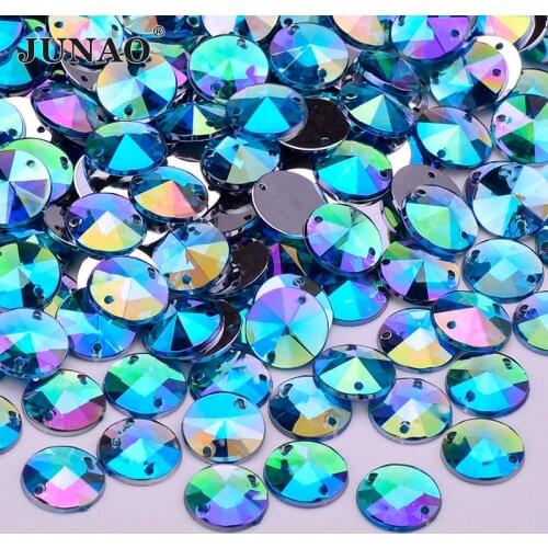 JUNAO 10mm Sew On Aqua Blue AB Crystal Rhinestone Applique Sewing Round Acrylic Gems Flatback Strass Stones for Needlework