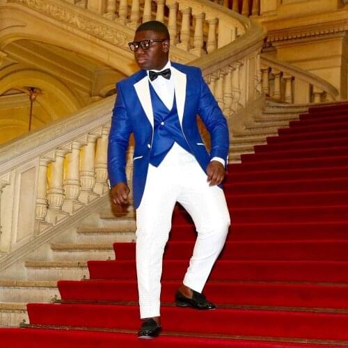 2020 Mens Suit 3 Pieces Casual Slim Fit Royal Blue White Notch Lapel Groom Tuxedos For Wedding Party Suits Best Man Blazer
