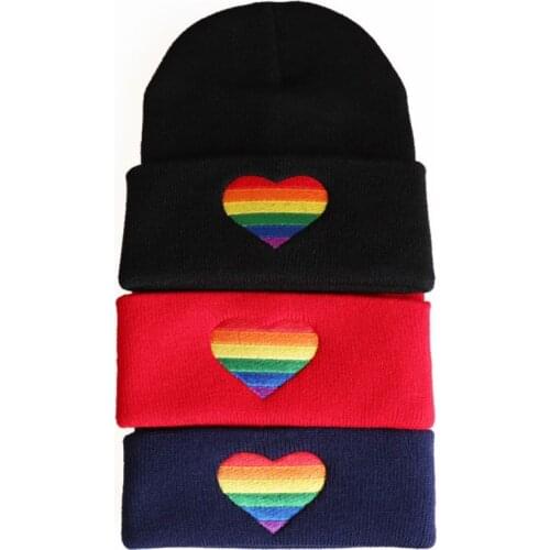 Women Men Unisex Rainbow Heart Embroidery Knitted Hat Winter Autumn Pride Outoodr Hip Hop Cuffed Beanies Skull