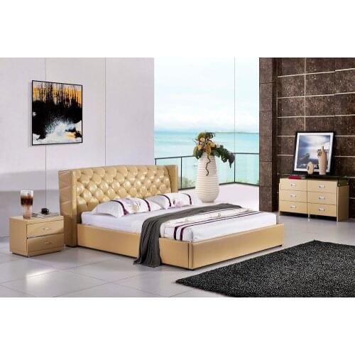 Modern design leather soft bed with cow leather bedroom furniture king/queen bed frame