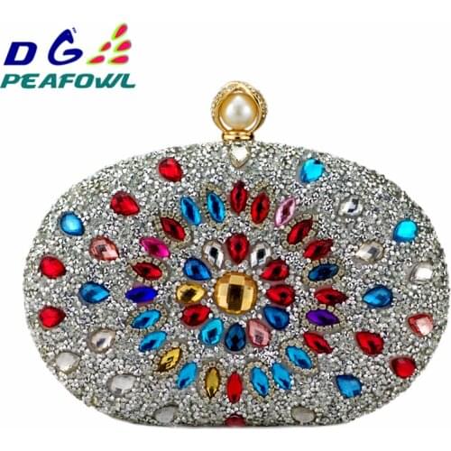DG PEAFOWL Luxury crystal Floral Clutch chain bag woman wedding diamond blue purple cell phone pocket evening wallet Handbags