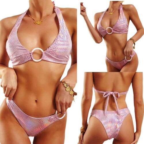 Serpentine Print Two Piece Swimwear Women Ladies Summer Split Snakeskin Swimsuit Ring Hanging Neck Tie Up Sexy Backless Bikini