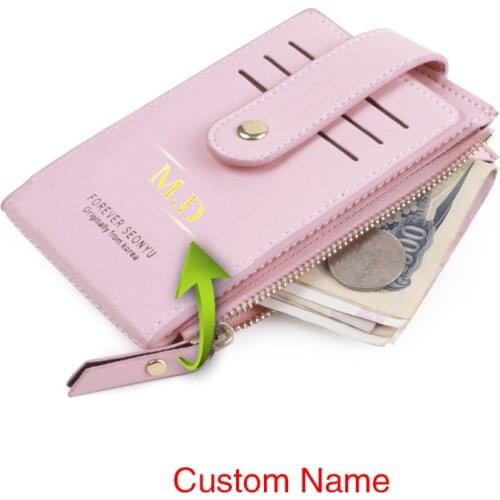Golden Name WomenS Id Card Holder Thin Zipper Wallet Solid Color Business Credit Card Holder Customized Lady Coin Purse