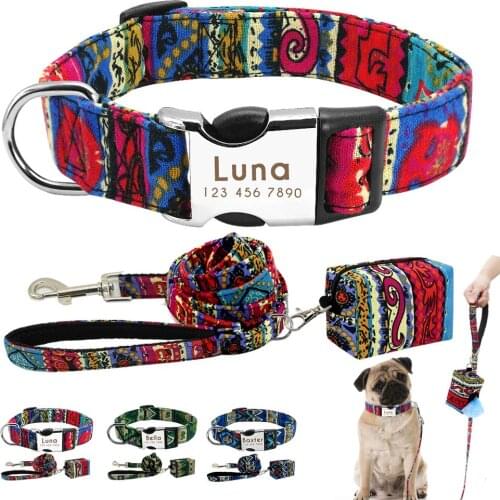 3pcs/lot Personalized Nylon Collar Leash Poop Bag Set Free Customized Dog ID Collars Pet Lead Rope With Garbage Bag For Dogs