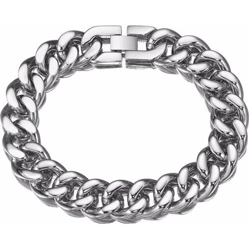 Silver Color 13/15mm 316L Stainless Steel Bracelet Mens Bracelet Curb Cuban Chain Gift Jewelry For Men Jewelry Gift 7-11inch