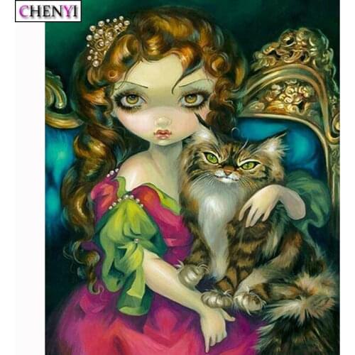 CHENYI 5D Diamond Painting Princess Girl Cat Picture Full Square/Round Diamond Embroidery Cartoon Cross Stitch Kits Home Decor