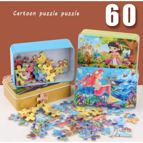 60-piece Iron Box Wooden Jigsaw Puzzle Cartoon Early Educational Toys for Children