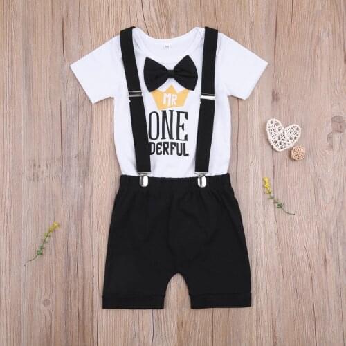2 Pcs Infant Casual Outfits Summer Baby Letter Crown Print Bowknot Short Sleeve Round Neck Romper + Solid Color Suspender Pants