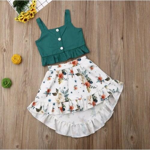 Summer Holiday Toddler Baby Girl Kid Outfit Clothes Set Sleeveless Green Tops Tank+Floral Skirt Beach Sets 1-5Y