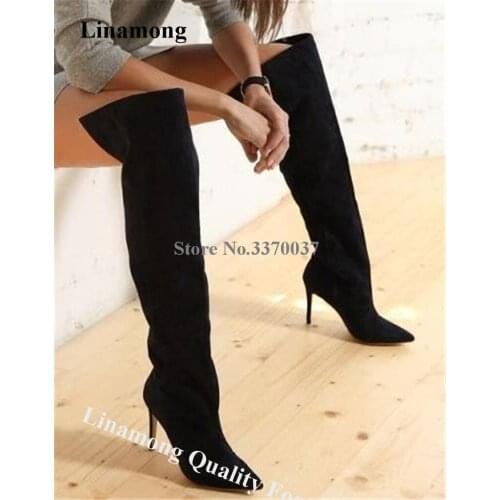 Linamong Women Elegant Pointed Toe Suede Leather Stiletto Heel Over Knee Boots black Long High Heel Boots Club Dress Shoes