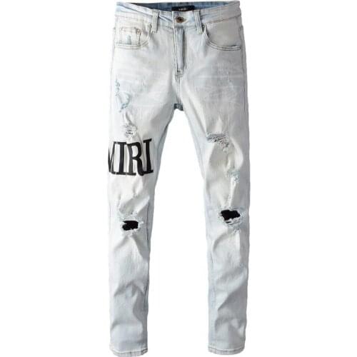 Trendy Letter Brand Ripped Jeans Men Stretch Washed Hip Hop Dance Party Jeans Pants Men Fashion Designer Hole Slim Fit Jeans