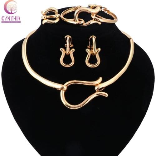 Fashion Charm Gold color Jewelry Sets For Women African Pandent Necklace Earrings Bracelet Rings Party Dress Accessories Sets