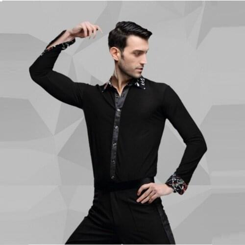 Mens Dance Club New Spring Black Long Sleeved Shirt Adult Male Latin Dance Modern Dance Costume Rumba Samba Dance Cloth B-4244