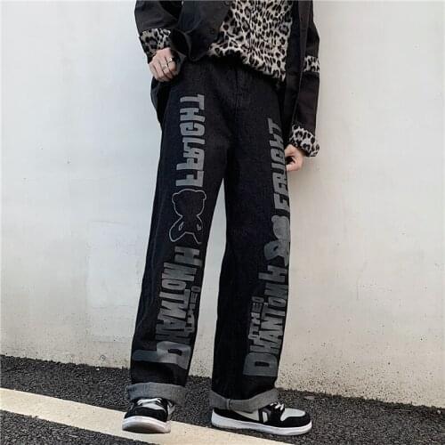 2021 New Autumn and Winter Retro Front and Rear Printed Jeans Dark High Street Men and Women Loose Casual and Straight-leg Pants