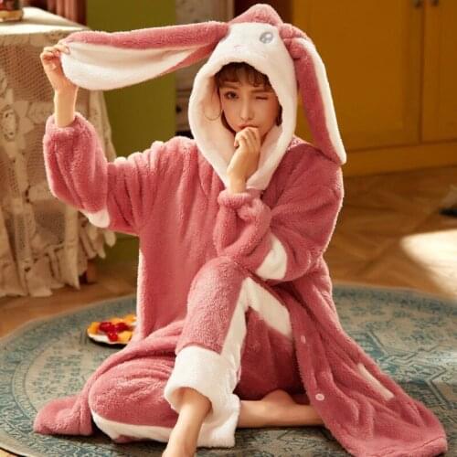 Women Winter Flannel Pajamas Set Cute Rabbit Ear Sleepwear Warm Thick Plus Size Hooded Pyjamas Suit Homewear Clothes Female