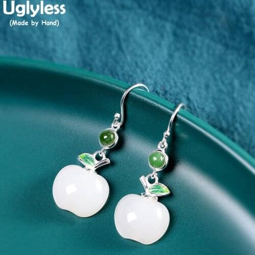 Uglyless Handmade Fruit Apple Earrings for Women Natural Hetian White Jade Earrings 925 Silver Brincos Enamel Lovely Gifts Jewel