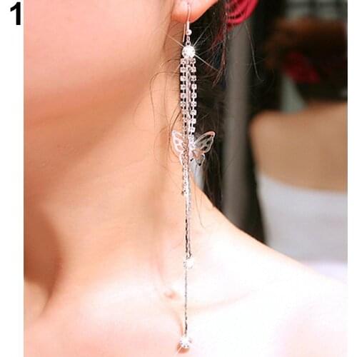 Womens Rhinestone Earring Hollow Butterfly Rhinestone Long Tassels Chain Hook Dangle Linear Earrings Jewerly