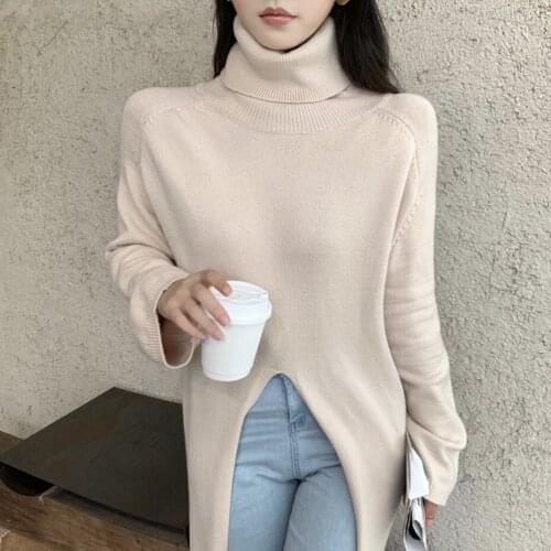 Chic High Split Loose High Neck Maxi Sweater Women Winter Keep Warm Elegant Turtleneck Knitted Tops Long Sweater Pullover Female