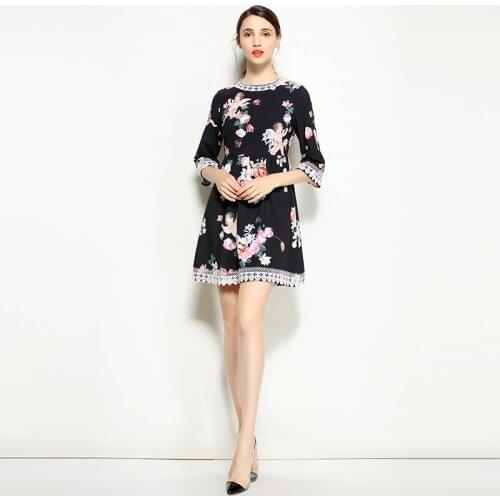 2020 Summer Newest Fashion Casual Style O-Neck Half Sleeve Lace Flower Print A-Line Best Quality Above Knee Dress Women