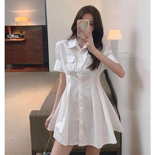 Casual Woman White Slim Shirt Dress 2021 Summer Buttons Polo Collar Short Sleeve Short Dresses High Waisted Blouses Dresses