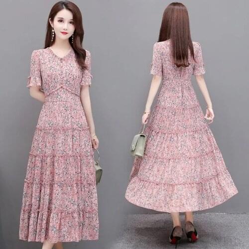 Summer Chiffon Floral Dress For Women 2021 Elegant Flare Sleeve Ruffle Long Party Dress Plus Size Slim Waist a-Line Dress Female