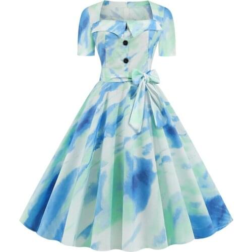 2021 Square Neck Button Front Multicolor Tie Dye Vintage Dress with Belt Women Elegant Party Rockabilly Pin up Dresses 50s 60s