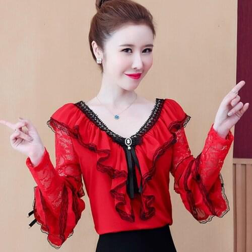 2021 Women Vintage Lace Patchwork Long Sleeve Shirt and Blouse Women Korean Ruffles V-neck Solid Color Blouse Ladies Tops Q640