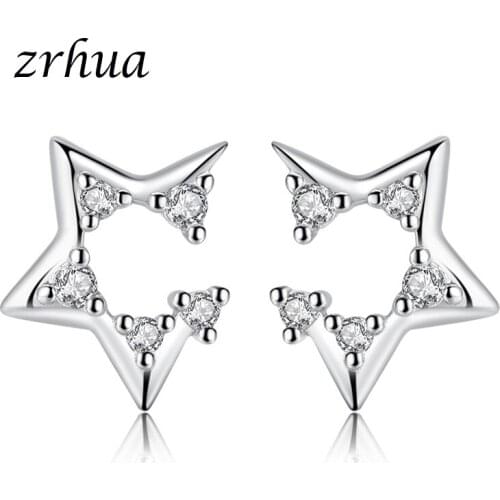 ZRHUA Shiny Silver Color Stud Earrings with Austrian Crystal Stone Women Star Bridal Wedding Ceremony Propose Jewellery