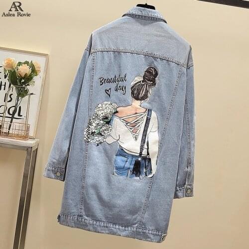 Denim Jackets For Women Plus Size printing Turn-down Collar Casual Long Loose Single Breasted Blue Jeans Coat