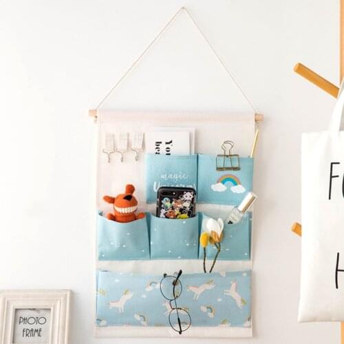 Unicorn 6 Pockets Wall Hanging Storage Bags Cotton Linen Door Organizer Waterproof Pouch Bedroom Home Wall Decoration