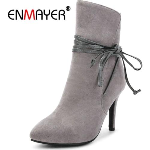 ENMAYER Woman Ankle boots Winter Pointed toe Short boots Black Size 33-40 Causal Pleated High heels Slip on Thin heels CR1911