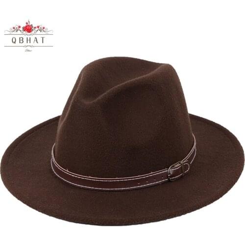 QBHAT New Red Black Wool Felt Fedora Hats with Belt Buckle Vintage Fashion Women Men Jazz Cap Wide Brim Panama Hat L XL