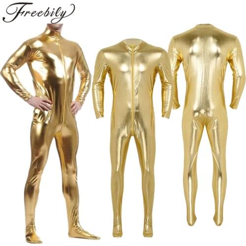 Mens Unitard Halloween Full Body Zentai Gold Shiny Metallic Spandex Footed Skinny Tight Jumpsuits Gay male Cosplay Costumes