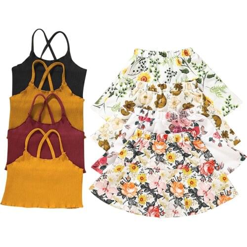 Girl’s Summer Two Piece Set Fashion Solid Color Cropped Camisole and Flower A-line Short Skirt