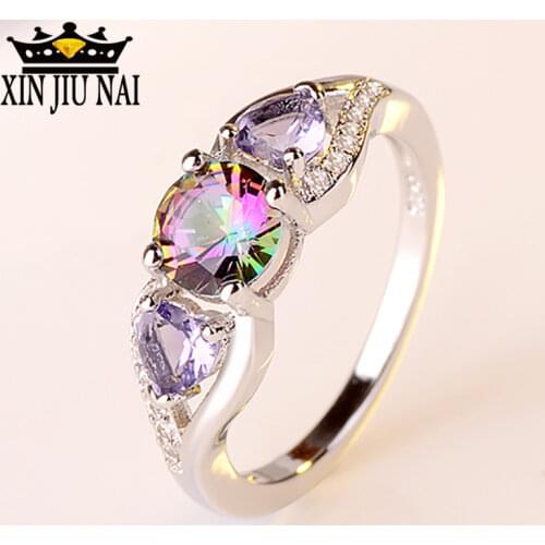 Hot Sale Mystic Rainbow Multicolor & Purple Cubic Zirconia Jewelry Silver Ring Size 678910 Fashion Women Birthday Gift Ring