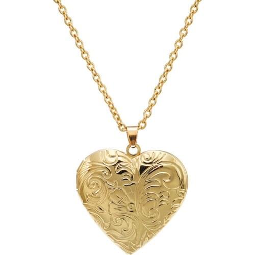 Fashion Carved Heart Pendant Photo Frame Necklace Locket Romantic Charm Collier for Men Women Gold Silver Color Neck Chain Gift