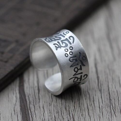 Thai Silver Matte Six Words Mantra Retro Ring Men Women Open Ring Ring S990 Sterling Silver Jewelry Create