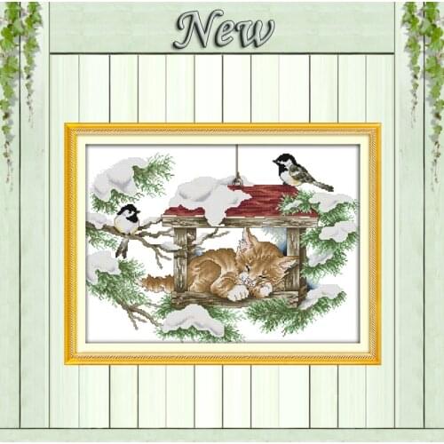 Deep sleep cat and birds animal diy Painting Counted Printed on canvas DMC 14CT 11CT Cross Stitch Needlework Kits Embroidery Set