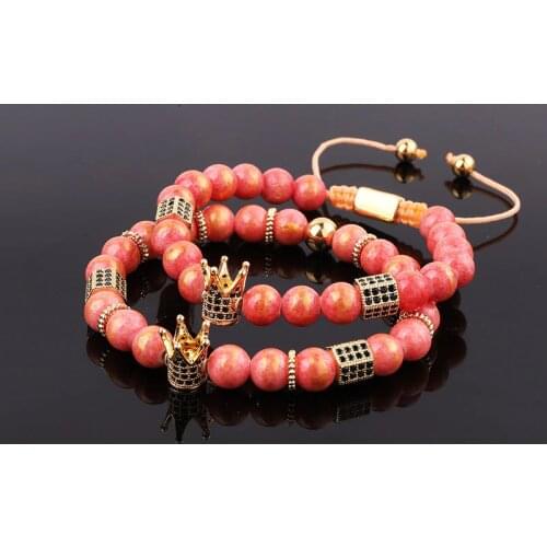 New Color Gold Plating Natural Stone Cubic Zircon Pave Crown Charm Adjustable Macrame Beads Bracelet Set Women
